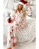 White Christmas Pattern Long Sleeve Shirt and Pants Pajama Set - L