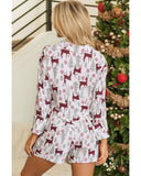 White Christmas Deer Printed Shirt and Shorts Lounge Set - S
