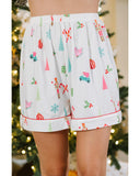 White Christmas Print Short Sleeve Shirt and Shorts Pajama Set - XL