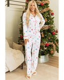 White Christmas Print Lapel Shirt and Pants Sleepwear - 2XL