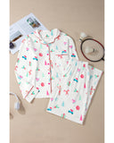 White Christmas Print Lapel Shirt and Pants Sleepwear - XL