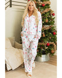 White Christmas Print Lapel Shirt and Pants Sleepwear - XL