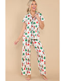 White Printed Christmas Pattern Buttoned Two Piece Sleepwear - L