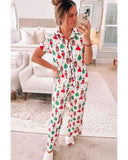White Printed Christmas Pattern Buttoned Two Piece Sleepwear - XL