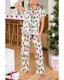 White Printed Christmas Pattern Buttoned Two Piece Sleepwear - XL