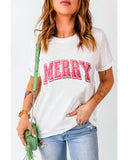 White MERRY Letter Christmas Crew Neck Short Sleeve Top - XL