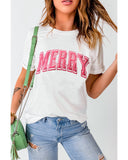 White MERRY Letter Christmas Crew Neck Short Sleeve Top - XL