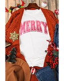 White MERRY Letter Christmas Crew Neck Short Sleeve Top - XL