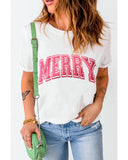 White MERRY Letter Christmas Crew Neck Short Sleeve Top - XL
