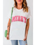 White MERRY Letter Christmas Crew Neck Short Sleeve Top - XL