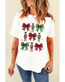 White Bowknot Nutcracker Printed Crewneck Christmas T Shirt - 2XL