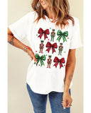 White Bowknot Nutcracker Printed Crewneck Christmas T Shirt - 2XL