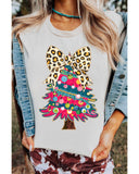White Leopard Bow Decor Christmas Tree Graphic Crew Neck Tee - XL