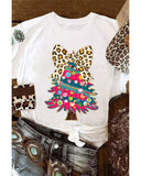 White Leopard Bow Decor Christmas Tree Graphic Crew Neck Tee - XL