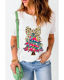 White Leopard Bow Decor Christmas Tree Graphic Crew Neck Tee - XL