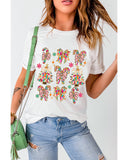 White Christmas Tree Bow Knot Print Round Neck T Shirt - M