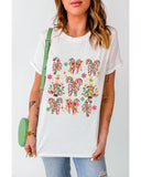 White Christmas Tree Bow Knot Print Round Neck T Shirt - M