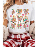 White Christmas Tree Bow Knot Print Round Neck T Shirt - M