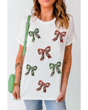 White Christmas Bowknot Graphic Cotton Blend T Shirt - M