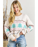 White Striped Christmas Tree Ribbed Trim Drop Shoulder Sweater - L