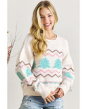 White Striped Christmas Tree Ribbed Trim Drop Shoulder Sweater - M