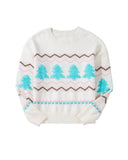 White Striped Christmas Tree Ribbed Trim Drop Shoulder Sweater - S