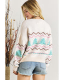 White Striped Christmas Tree Ribbed Trim Drop Shoulder Sweater - XL