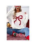 White Bow Pattern Contrast Trim Christmas Loose Graphic Sweater - L