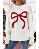 White Bow Pattern Contrast Trim Christmas Loose Graphic Sweater - L