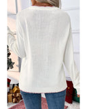 White Bow Pattern Contrast Trim Christmas Loose Graphic Sweater - M