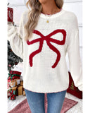 White Bow Pattern Contrast Trim Christmas Loose Graphic Sweater - M