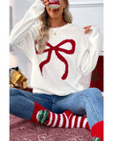 White Bow Pattern Contrast Trim Christmas Loose Graphic Sweater - S