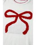 White Bow Pattern Contrast Trim Christmas Loose Graphic Sweater - XL