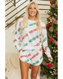 White Christmas HOHOHO Print Drop Shoulder Pullover and Casual Shorts Set - L