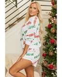 White Christmas HOHOHO Print Drop Shoulder Pullover and Casual Shorts Set - M