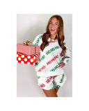 White Christmas HOHOHO Print Drop Shoulder Pullover and Casual Shorts Set - S