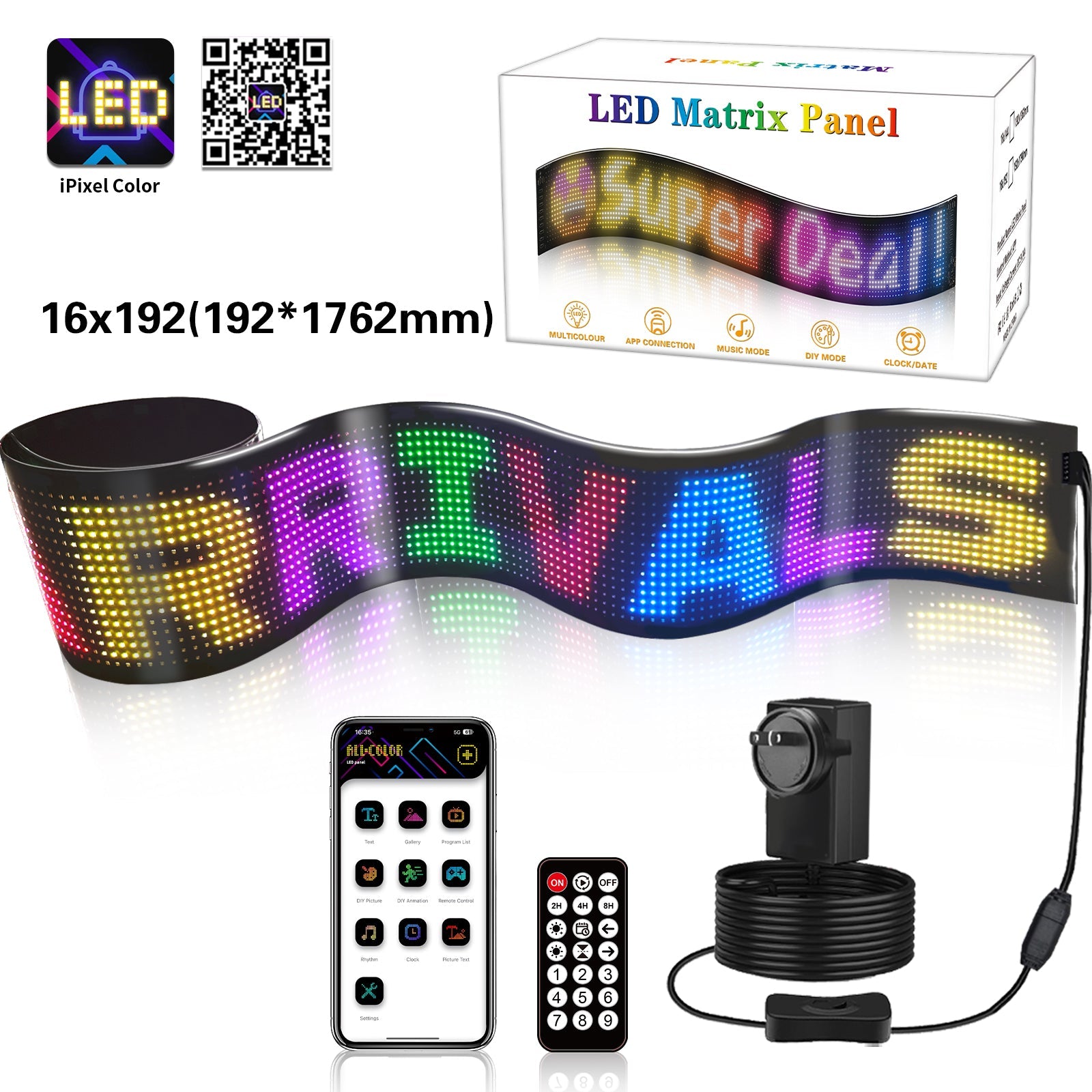 Coloured Lights: Programmable LED Matrix Panel Flexible Screen IP65 with APP Control 192*1762mm