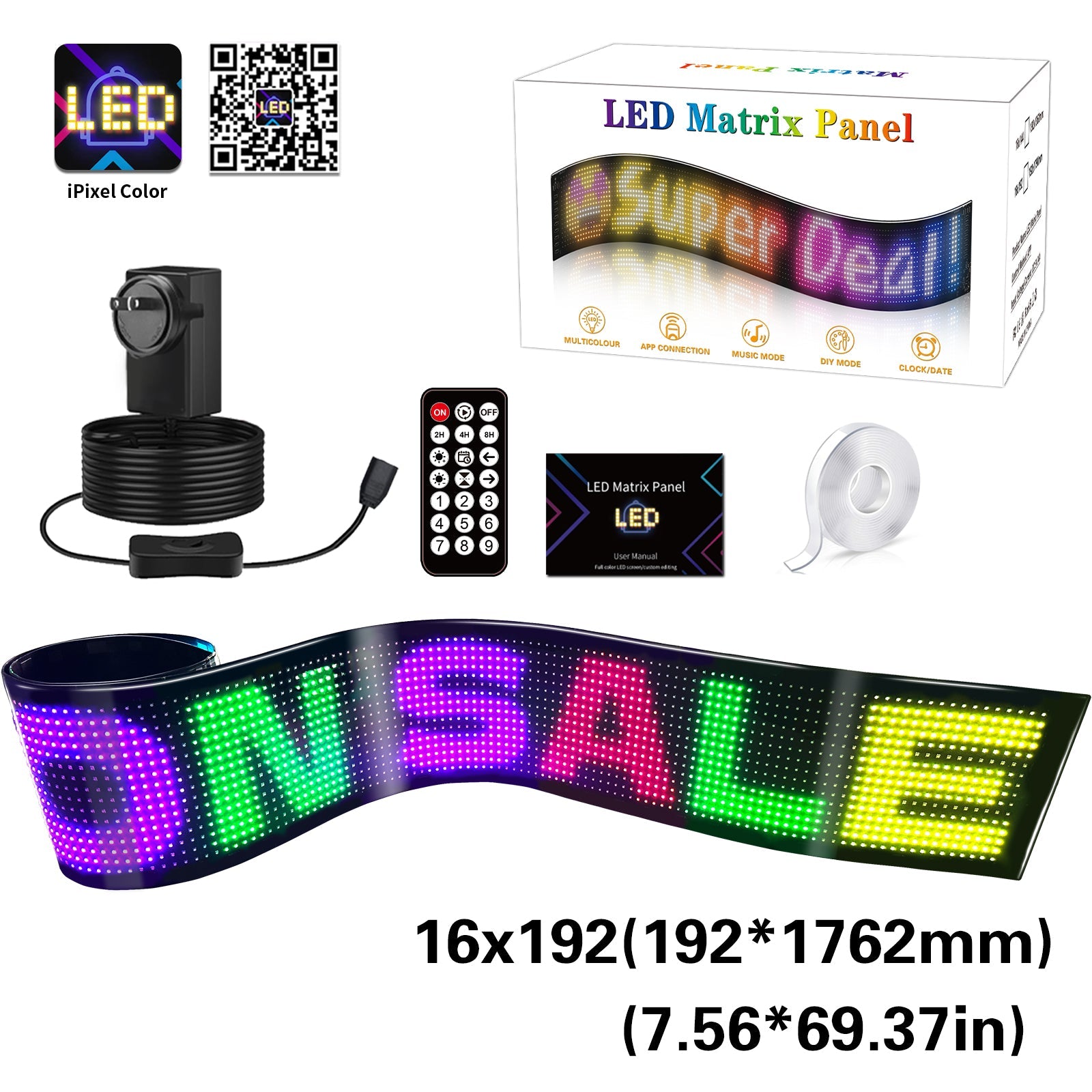 Coloured Lights: Programmable LED Matrix Panel Flexible Screen IP65 with APP Control 192*1762mm