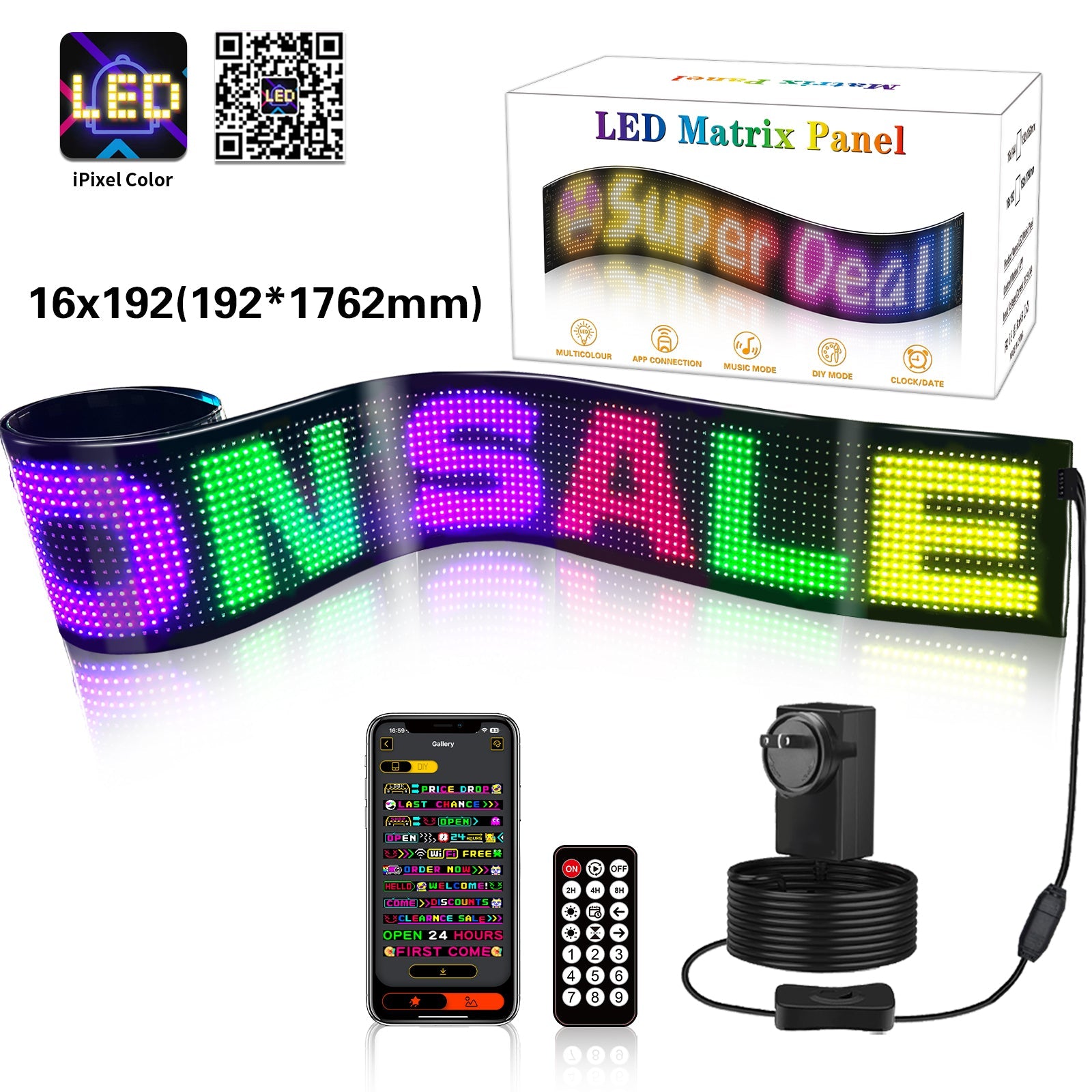 Coloured Lights: Programmable LED Matrix Panel Flexible Screen IP65 with APP Control 192*1762mm