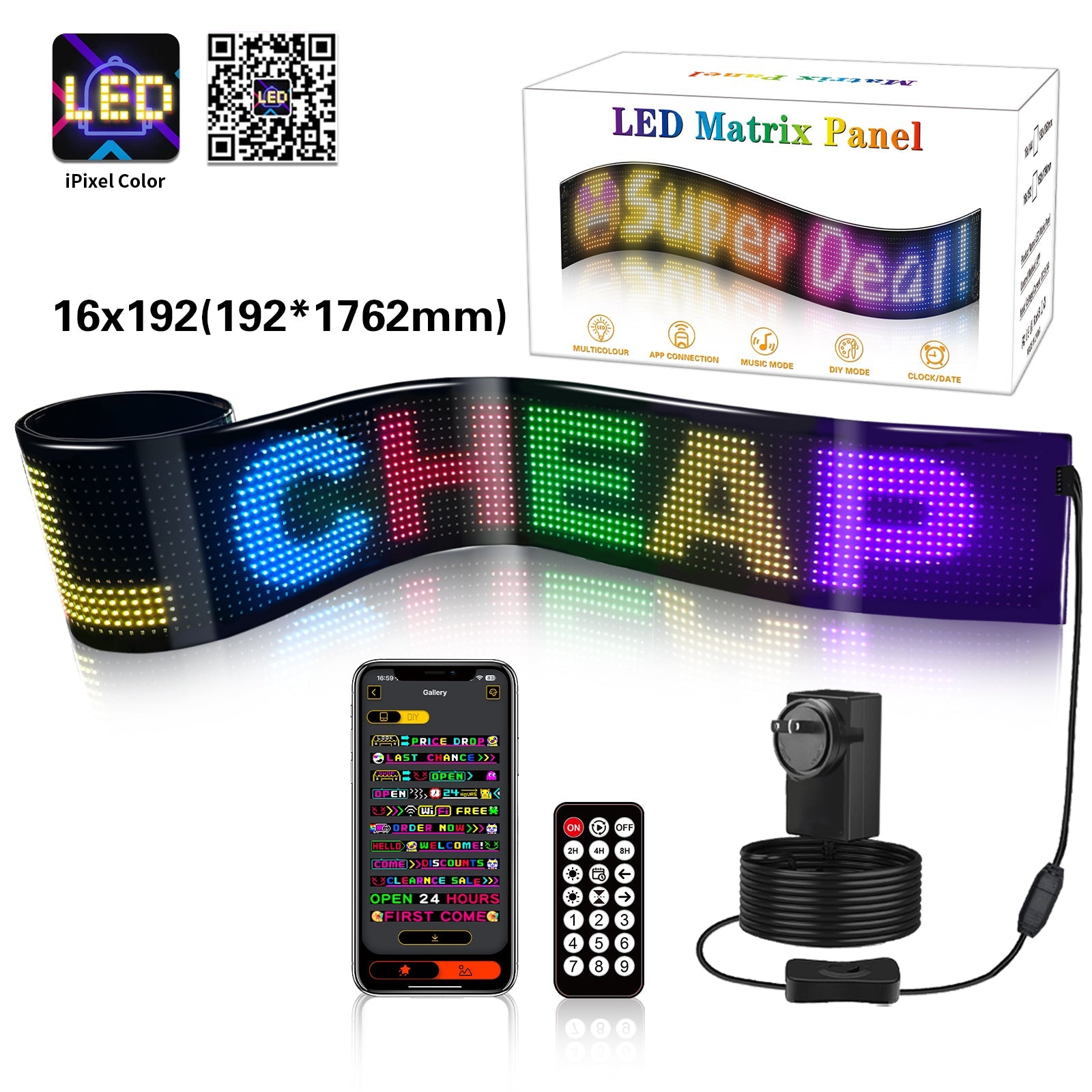 Coloured Lights: Programmable LED Matrix Panel Flexible Screen IP65 with APP Control 192*1762mm