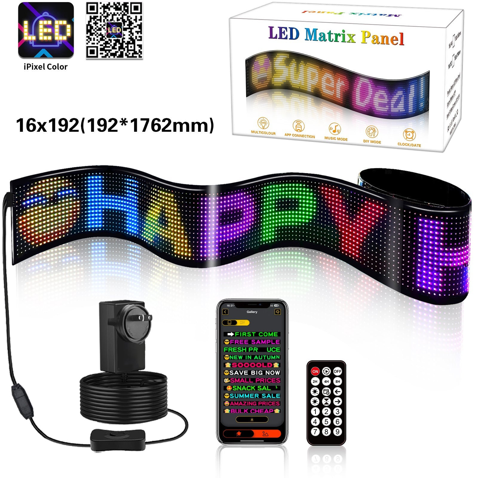 Coloured Lights: Programmable LED Matrix Panel Flexible Screen IP65 with APP Control 192*1762mm