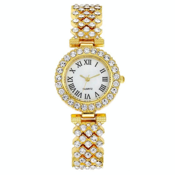 Gold Roman Diamond Women Quartz Watch - Elegant Design