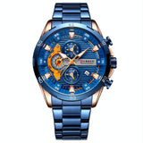 Six-hand Business Quartz Watch with Steel Strap - Calendar - Rose Shell Blue