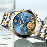 Gold Blue Multi-function Men Quartz Watch