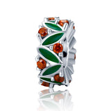 925 Sterling Silver Christmas Leaves Red Gemstone Inlay Accessory