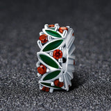 925 Sterling Silver Christmas Leaves Red Gemstone Inlay Accessory