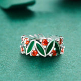 925 Sterling Silver Christmas Leaves Red Gemstone Inlay Accessory