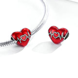 925 Sterling Silver Love Heartbeat Red Heart Pendant For Diy Bracelets & Necklaces