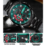 Six-hand Business Quartz Watch with Steel Strap - Calendar - Black Shell Green