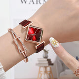 Red Diamond Dial Quartz Watch & Bracelet Set for Women